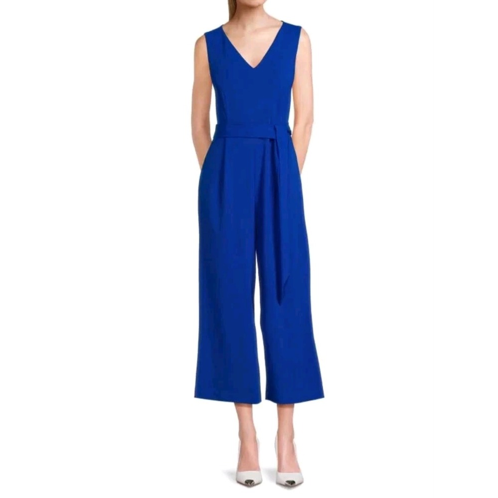 Calvin Klein Royal Blue V-Neck Sleeveless Wide Leg Belted Jumpsuit Size 4